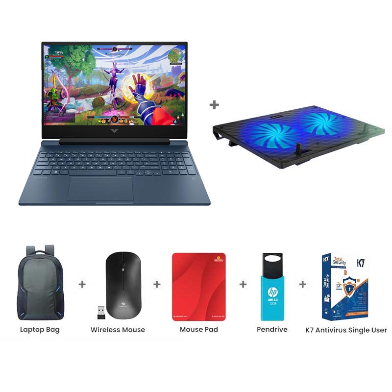 Picture of HP - Victus AMD Ryzen 5 5600H 15.6" (39.6 cm) 15-fb0184AX Gaming Laptop (8GB/ 512GB SSD/  AMD Radeon RX 6500M/ Windows 11 Home/ Performance Blue/ 1 Year Warranty/2.29 kg) Zebronics ZEB-NC3300 USB Powered Laptop Cooling Pad + Laptop Bag + Wireless Mouse + Mouse Pad + Pendrive + K7 Antivirus Single User